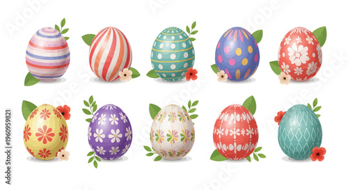 Colorful Easter eggs with floral patterns and leaves on a white background, featuring a traditional holiday design element.
