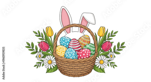 Colorful Easter illustration of a wicker basket filled with decorated eggs and bunny ears surrounded by tulips and daisies on a white background.