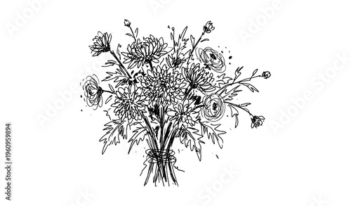 Hand-drawn floral bouquet with leaves and stems in black ink