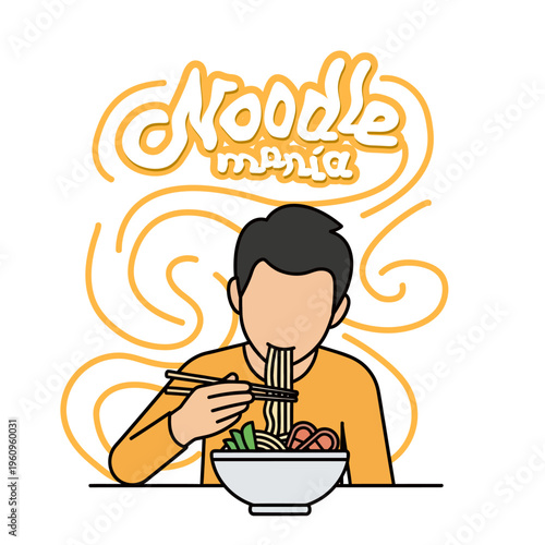 An illustration of a person enjoying a bowl of noodles with chopsticks, surrounded by abstract wavy lines and "Noodle mania" text.