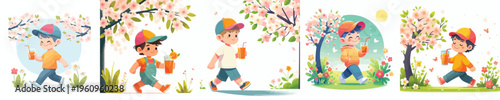 vector of a little boy walking and drinking orange ice in spring atmosphere