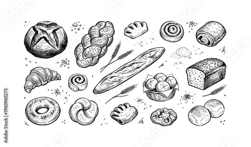 Hand-drawn variety of breads and pastries on white background