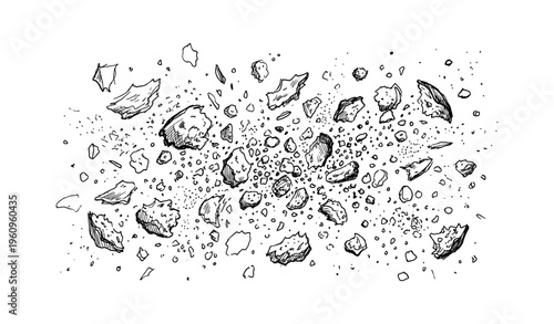 Black and white explosion of shattered debris and rocks sketch