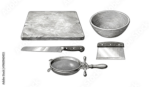 Wooden board, bowl, knife, dough scraper, and strainer for baking
