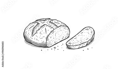 Hand-drawn rustic artisan bread and slice illustration in black and white