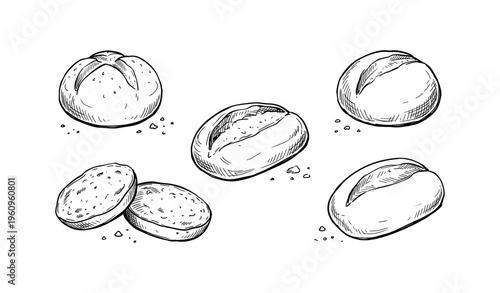 Set of artisan bread loaves and slices in hand-drawn style