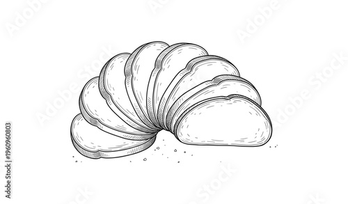 Illustration of sliced bread loaf with crumbs in detailed line art style