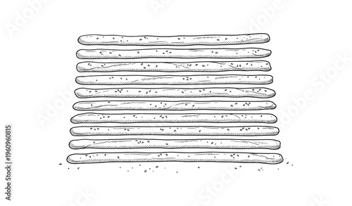 Hand-drawn breadsticks illustration in black and white showing crunchy texture