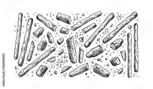 Hand-drawn breadstick illustration with broken pieces and crumbs