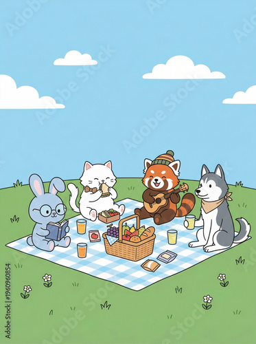 cartoon animals having a picnic on a blanket in the park outdoors