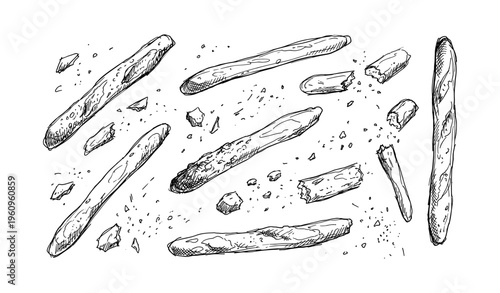 Illustration of sliced baguettes and crumbs in hand-drawn style
