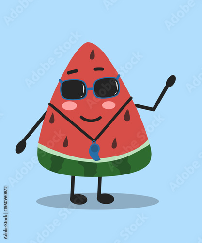 Cute watermelon character as a lifeguard wearing sunglasses, fun summer beach concept with playful cartoon style