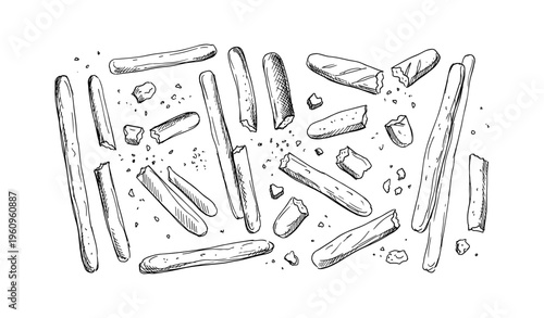 Hand-drawn grissini sticks and crumbs in artistic black and white sketch
