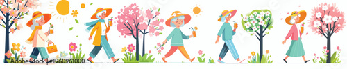 vector of a grandma walking and drinking orange ice in spring atmosphere