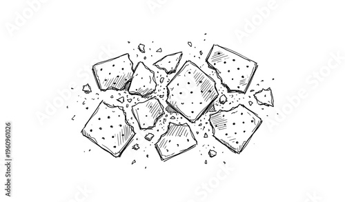 Hand-drawn crackers with crumbs and broken pieces