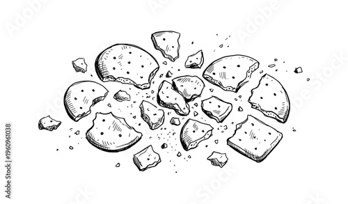 Hand-drawn illustration of broken cookies and crumbs in black and white