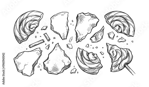 Hand-drawn candy and cookie crumbs with swirl patterns on white background