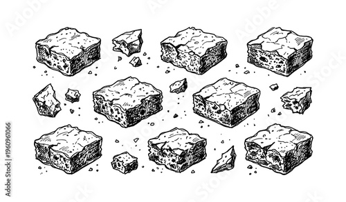 Hand-drawn chocolate brownie pattern with bite marks and crumbs on white background