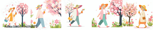 vector of a grandma walking and drinking orange ice in spring atmosphere