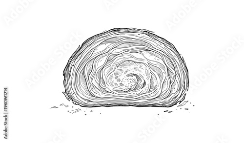 Intricate black and white cabbage line art sketch with detailed texture