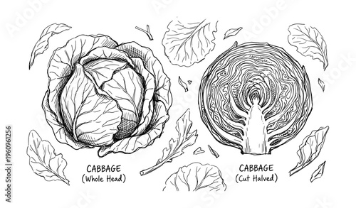 Monochrome sketch of whole and halved cabbage with detailed leaves