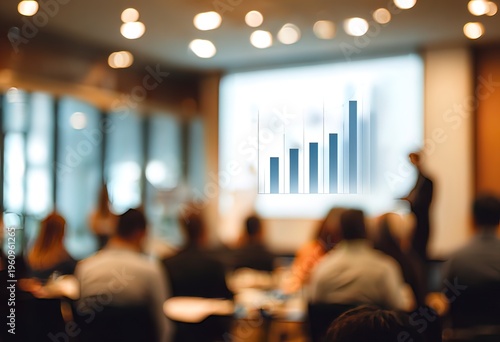 Presentation, blur and workshop with business people in meeting for financial, speaker and company valuation. Investment report, asset management and budget portfolio with employees in office