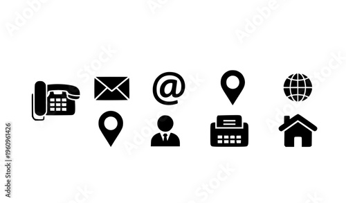 Black and white filled contact icons set with phone mail location and user symbols for print and web use