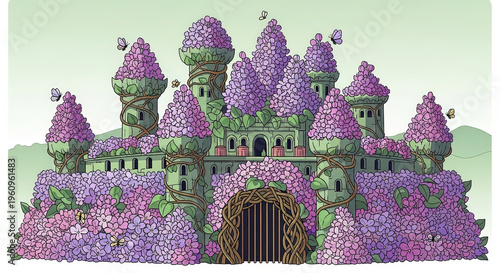 Enchanted castle surrounded by purple flowers and greenery  