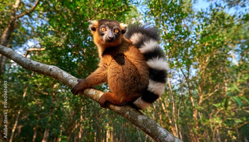 Fototapeta premium A brown lemur with a distinctive black and white striped tail sits on a tree branch in a sunlit forest, looking directly at the viewer.