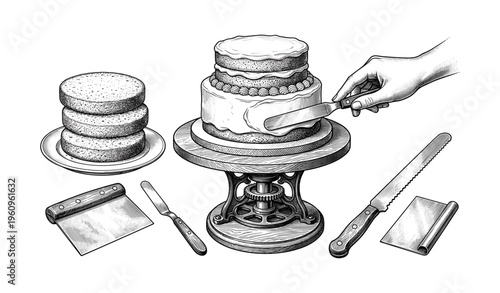 Hand decorating cake on stand with spatula and baking tools illustration