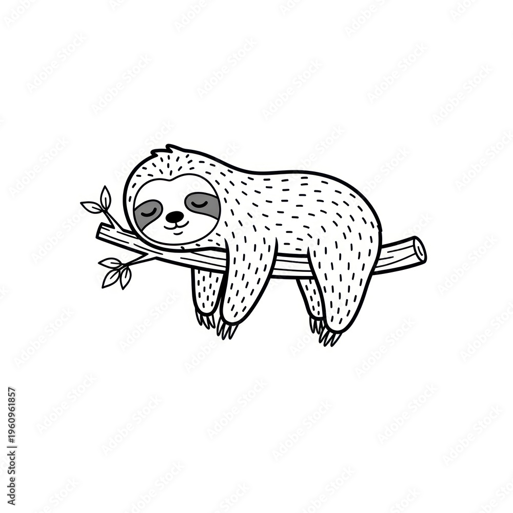 Fototapeta premium Cute cartoon sloth sleeping on tree branch illustration