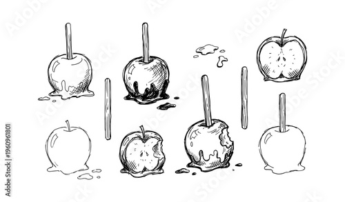 Hand-drawn caramel apples with sticks in various stages of being eaten