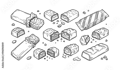 Hand-drawn variety of snack bars and sweets in detailed sketch style