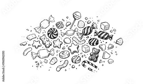 Hand-drawn assorted sweets and candies sketch with stars and bears