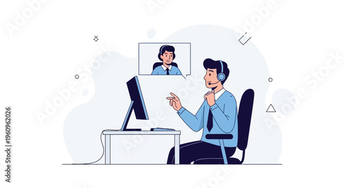 Man in headset on video call with colleague, remote work concept