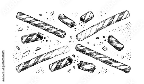 Hand-drawn sketch of chocolate wafer rolls and crumbs on white background