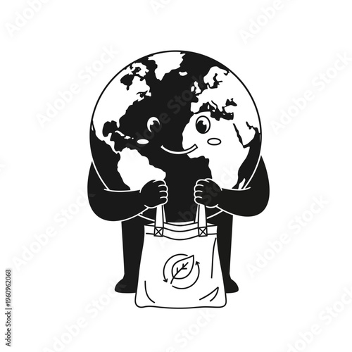 Earth mascot holding eco friendly bag.