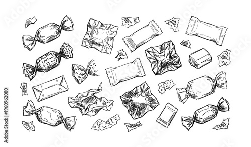 Hand-drawn assorted candy wrappers in black and white sketch style