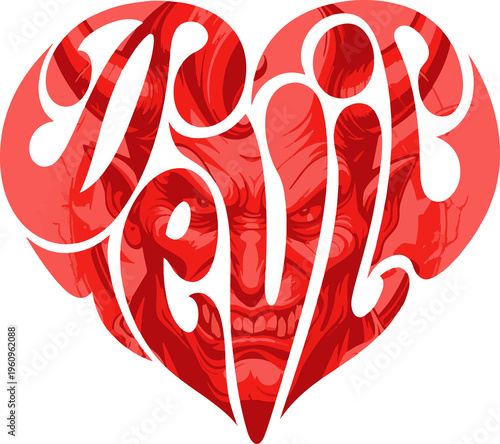  illustration of the word “Devil” arranged in a heart shape.