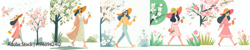 vector of a woman walking and drinking orange ice in spring atmosphere