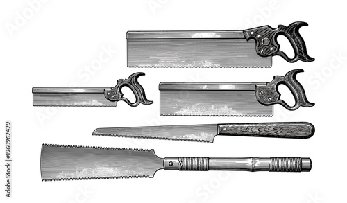 Vintage hand saws collection in black and white illustration with detailed wood handles