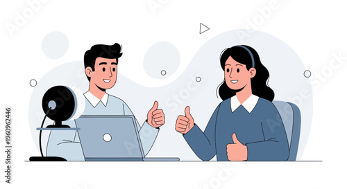 Two people giving thumbs up during a video call or online meeting, flat illustration