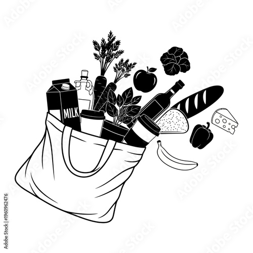 Grocery shopping bag with food items.