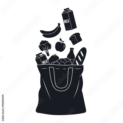 Grocery shopping bag with food items.