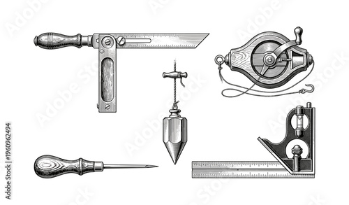 Vintage carpenter tools with ruler, plumb bob, gauge, awl, compass on white background