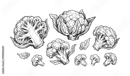 Hand-drawn broccoli and cauliflower illustrations with leaf details