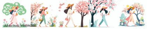 vector of a woman walking and drinking orange ice in spring atmosphere