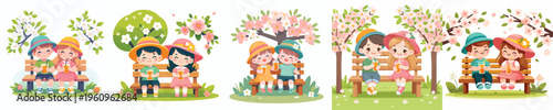 vector of children sitting together on a park bench drinking orange juice in spring