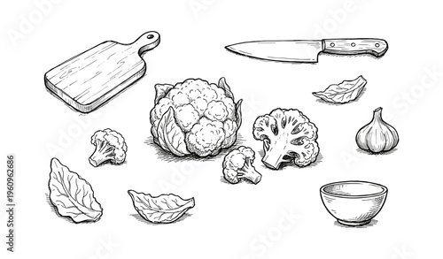 Illustration of vegetables and kitchen utensils with cauliflower and knife