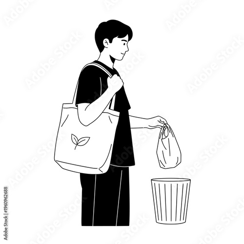 Man throwing away plastic bag.